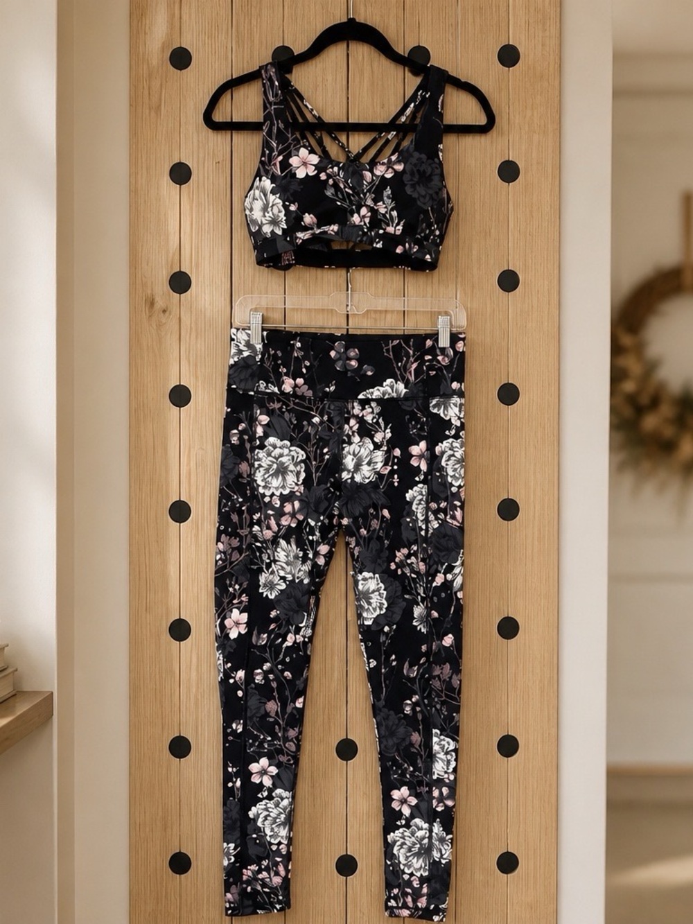 Victoria's Secret Black Floral Strappy Sports Bra & Leggings Set